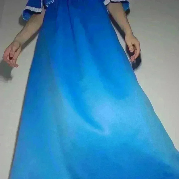 Vintage 70s bright blue babydoll maxi dress with big sleeves & lace ✦ Handmade ✦ - Picture 9 of 16